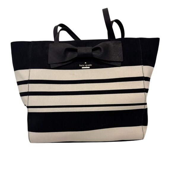 NWOT Kate Spade Black & White Striped Canvas Tote With Bow Accent new - Picture 1 of 10